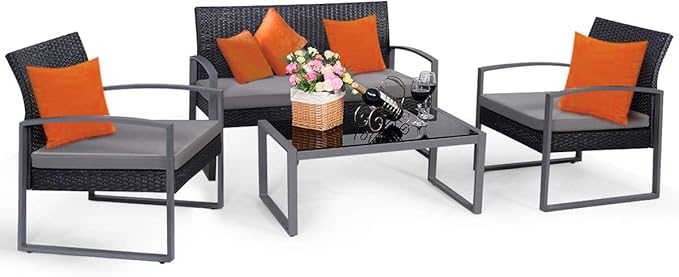 Tangkula 4 PCS Outdoor Patio Furniture Rattan Wicker Conversation Set, As pic