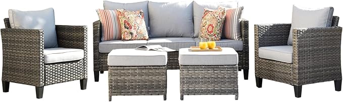 HOOOWOOO 5-Piece Luxury Patio Furniture Set– Stylish, Comfortable Outdoor Rattan Sofa Set with 2 Chairs, 2 Ottoamns, Weather-Resistant Patio Conversation Set for Deck, Garden, Balcony (Grey)