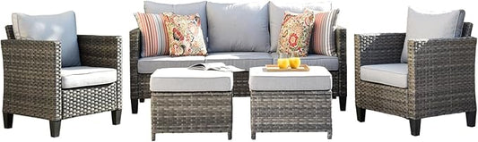HOOOWOOO 5-Piece Luxury Patio Furniture Set– Stylish, Comfortable Outdoor Rattan Sofa Set with 2 Chairs, 2 Ottoamns, Weather-Resistant Patio Conversation Set for Deck, Garden, Balcony (Grey)