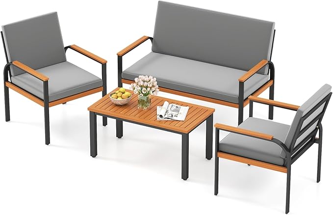 Tangkula 4 Pieces Patio Furniture Set, Outdoor Conversation Set with Acacia Wood Coffee Table, Cushioned Loveseat & 2 Single Armrest Chairs, for Porch, Garden, Backyard, Poolside