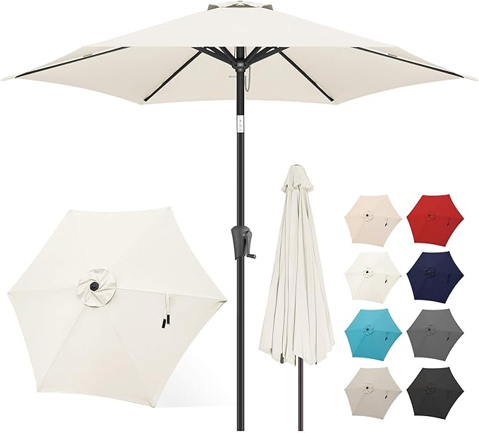 FLAME&SHADE 9ft Patio Umbrella Outdoor - Table Umbrella with Push Button Tilt and Crank, UV Protection, 6 Sturdy Ribs, Market Umbrella for Garden, Deck, Backyard, Lawn, Pool and Beach(Ivory)