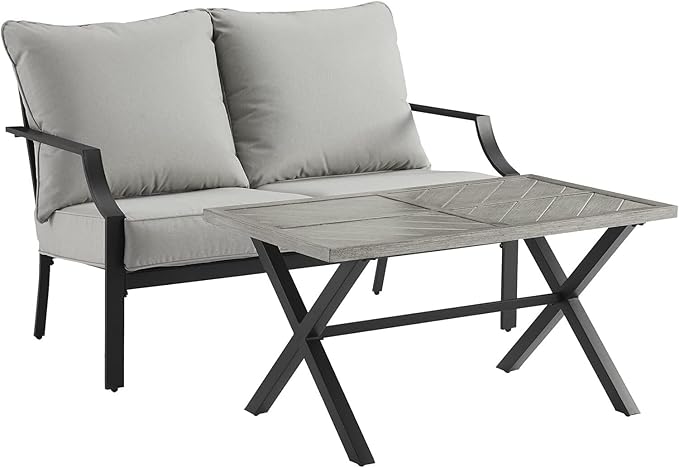 Urban Oasis Outdoor Metal 2-Piece Seating Set (Loveseat, Coffee Table), Matte Black with Gray Cushions - 50 x 72 x 33.25 in, Modern Patio Conversation Sets, Sturdy Steel Construction