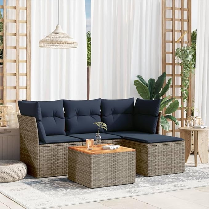 vidaXL Patio Sofa Set with Cushions 5 Piece, Outdoor Conversation Set, Patio Furniture Set for Balcony Garden, Modern Style, Gray Poly Rattan