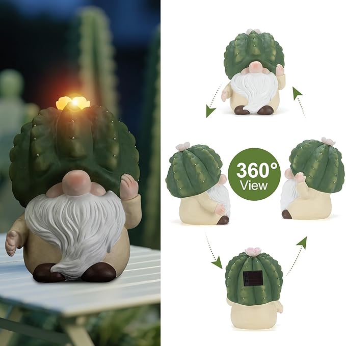 Etlemonde Solar Cactus Gnome Statue Garden Decor Light - Outdoor Decorative LED Flower, Suitable for Patio, Lawnand Garden Decorations, Gifts for Mom