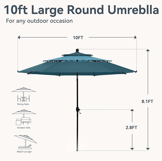 GREEN PARTY 10ft Outdoor Patio Umbrella, [Auto-Tilting] 3 Tiers Market Table Umbrellas with 1.5" Pole, 8 Sturdy Ribs, 3-Year-Non-Fading for Garden Deck Pool Backyard, Blue & Cerulean