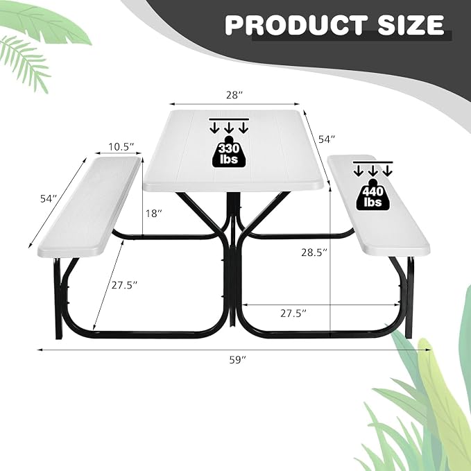 Picnic Table, Outdoor Table Bench Set with Metal Frame & Wood-Like Texture, Large Picnic Table with All Weather-Resistant Tabletop, Camping Picnic Tables for Patio, Lawn, Dining Party