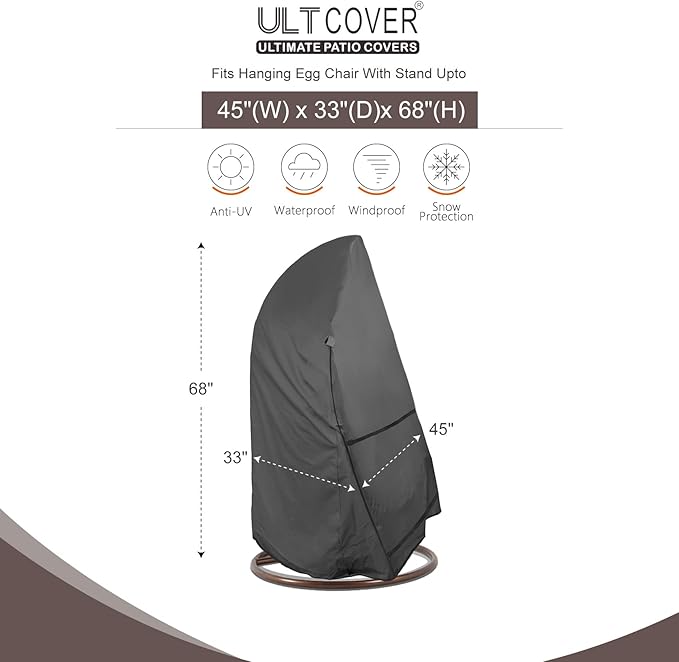 ULTCOVER Patio Hanging Egg Chair Cover - Waterproof Outdoor Single Seat Swing Egg Chair with Stand Cover 45W x 33D x 68H inches, Black