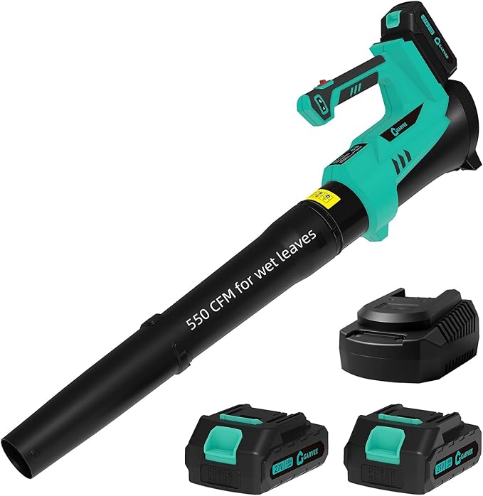 Garvee 20V String Trimmer with Wheel Cordless 12 Inch 8 Pcs Line Feed / 550 CFM Leaf Blower, Lightweight Design. 4 * 2.0 Batteries. Extra-Long Battery Life of 60-120 Minutes, 2 Fast Charger