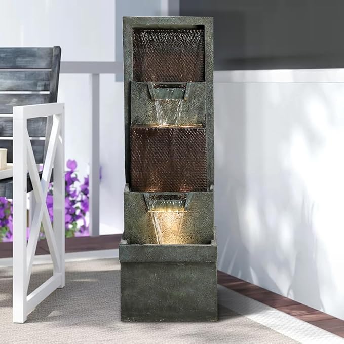 39.3" Outdoor Garden Water Fountain - Outdoor/Indoor Waterfall Floor-Standing Fountains with LED Lights for Yard, Floor Patio, Backyard and Home Art Deco