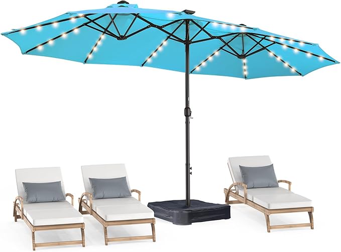 HOMSHADE Double Sided Patio Umbrellas - 15ft Solar Lights LED Lighted Outdoor Extra Large Market Table Umbrella with Base Included, Oversized Umbrella for Deck, Pool, Backyard