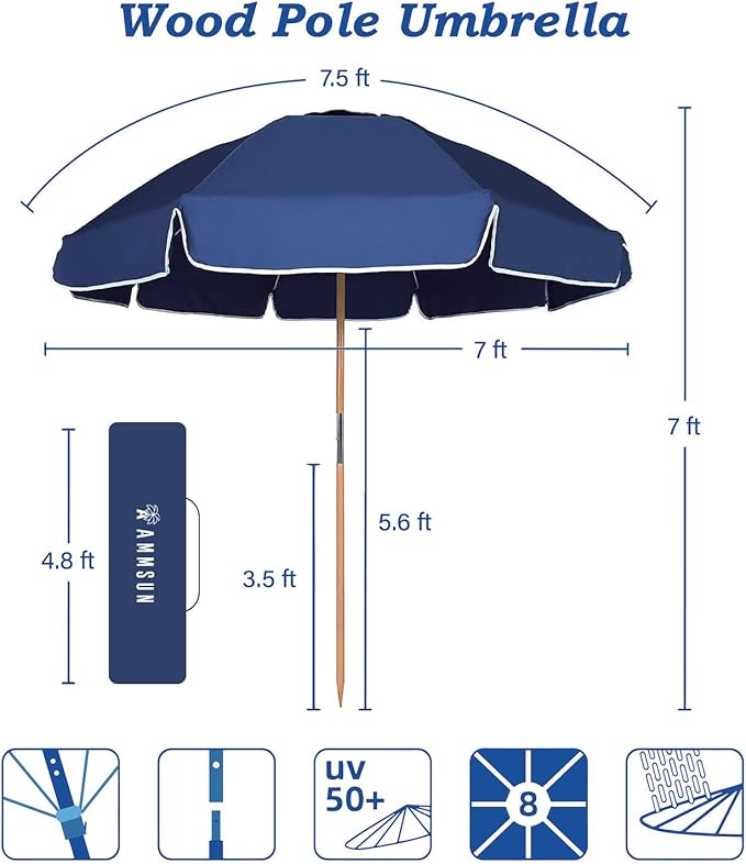 AMMSUN 7.5ft Heavy Duty HIGH Wind Beach Umbrella Commercial Grade Patio Beach Umbrella with Air Vent Ash Wood Pole & Carry Bag UV 50+ Protection Navy Blue