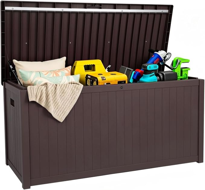EHHLY Outdoor Storage Box Large-120 Gallon Deck Box with Hydraulic Pistons&Lockable Secure, Waterproof Resin Package Delivery Box for Outside Porch, Curbside, Patio, Home