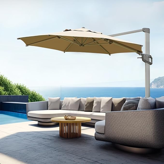 wikiwiki 12FT Cantilever Patio Umbrella, Offset Umbrella Outdoor Patio with 360° Rotation and Unlimited Tilting System, Heavy Duty Large Umbrella with Cross Base, Beige