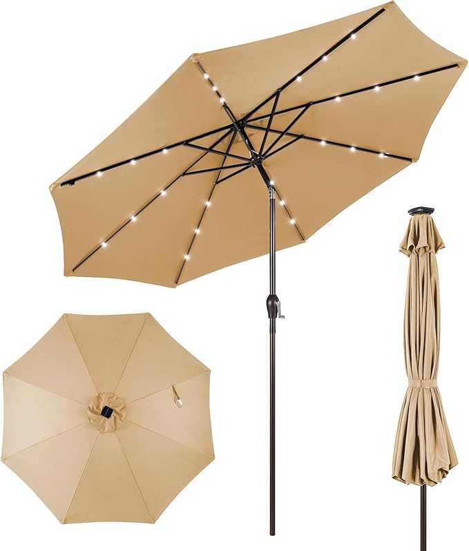 Giantex 9ft/10ft Outdoor Patio umbrella with Solar Lights, Table Market Umbrella with Crank and Push-button Tilt System, Solar LED Lighted Patio Umbrella for Backyard Deck Pool Beach