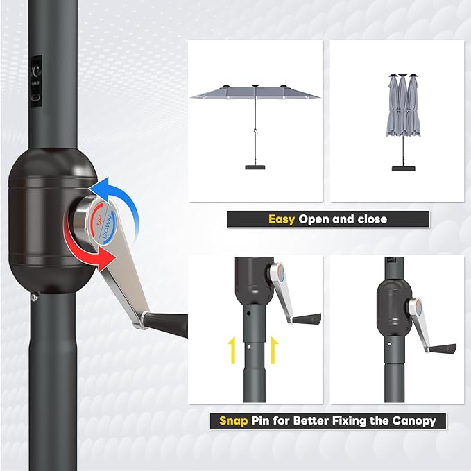 AECOJOY 15ft Double-Sided Patio Umbrella with Solar Lights, Outdoor Rectangle Market Large Patio Umbrella with Base Include|Crank Handle|156 PCS LED Lights for Garden Deck Pool in Grey(1.9" Pole)
