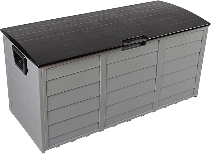 75-Gallon Outdoor Storage Bench with Wheels, Heavy-Duty Waterproof Deck Box for Patio, Garden, and Pool Organization (Black lid + gray box)