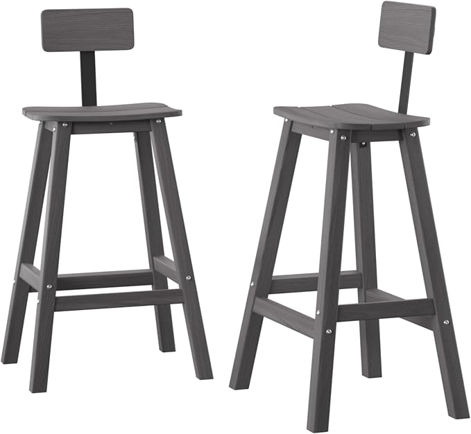 Bar Height Chairs Set of 2, HDPE Front Porch Chairs Set, Weather Resistance Outdoor Bar Stools Set for Spas, Cafes, Swimming Areas, Lodges and Hotels - Grey