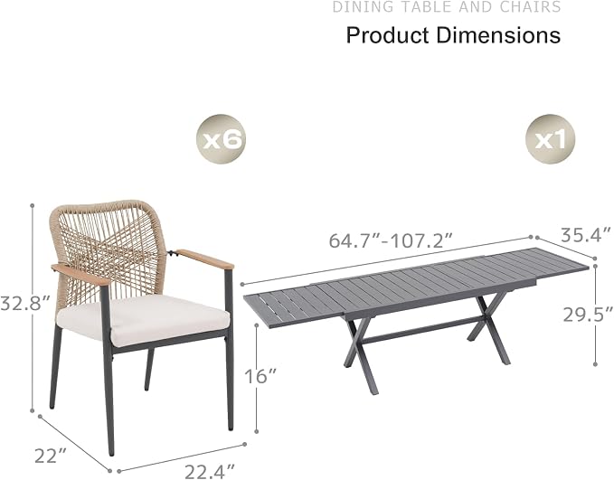 SUNSITT 7 Piece Outdoor Patio Dining Set, 65" - 107" Metal Expandable Outdoor Dining Table with X-Shape Legs, 6 Woven Wicker Patio Chairs w/WPC Armrests for Garden, Dark Grey