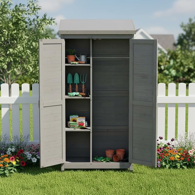 Wooden Outdoor Storage Cabinet, Outdoor Bar Table Cabinet with Storage, Outdoor Buffet Sideboard Cabinets for Patio, Garden, Potting Bench, Bar Table, Balcony (Tall - Grey)