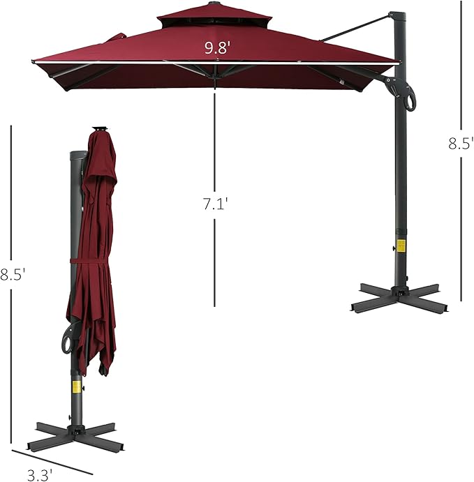 Outsunny 10ft Offset Patio Umbrella, Hanging Cantilever Umbrella, Square Shape, Aluminum Cross Base, Tilt, 360-Degree Rotation