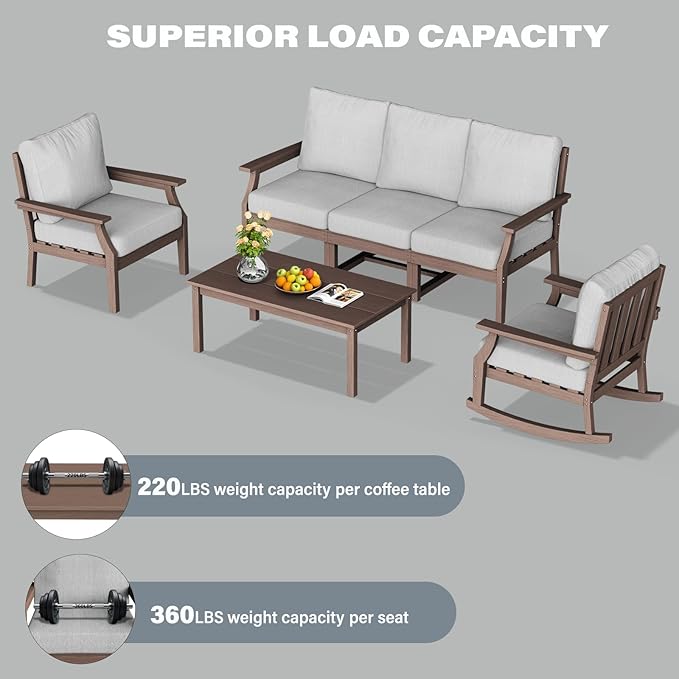 HDPE Patio Conversation Set, 6-Piece All Weather Outdoor Furniture Set with 1 Single Rocking Armchairs for Deck, Lawn, with Cushion, Brown
