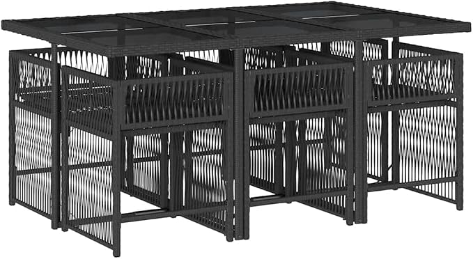 7-Piece Black PE Rattan Patio Dining Set with Cushions | Includes 6 chairs and 1 table in a space-saving cube design with cream white cushions for backyard and deck dining.