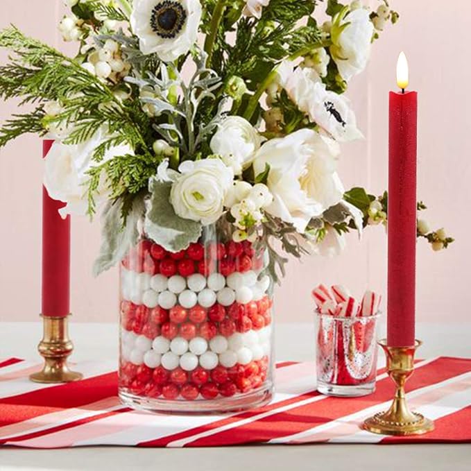 Red Flameless Taper Candles Battery Operated Flickering with 6H Timer, 3D Wick LED Taper Candles Real Wax Candlesticks, Party Christmas Home Decor 6 Pack 9.6" Christmas Red
