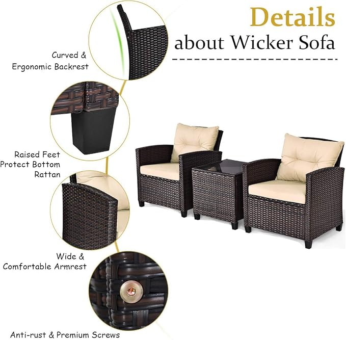 DORTALA Wicker Patio Furniture Set 3 Piece, Outdoor Table and Chairs with Tempered Glass Tabletop, Cushions, Small Rattan Conversation Sofa Set for Balcony, Porch, Backyard, Deck, Beige