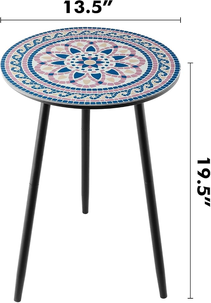 Outdoor Side Table Set of 2 Mosaic Patio Side Tables for Outside End Tables Small Outdoor Table Round Patio End Table Metal Side Table Outside, Indoor, Bedroom, Living Room, Small Spaces, Blush Mosaic