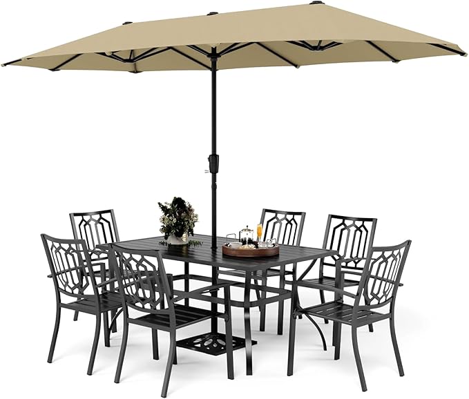 PHI VILLA Patio Dining Set 8 PCS with 13ft Double-Sided Patio Umbrella(Beige)，Metal Outdoor Dining Set - 6 x Outdoor Stackable Chairs, 1 x 60"x38"Rectangle Dining Table and 1 Umbrella