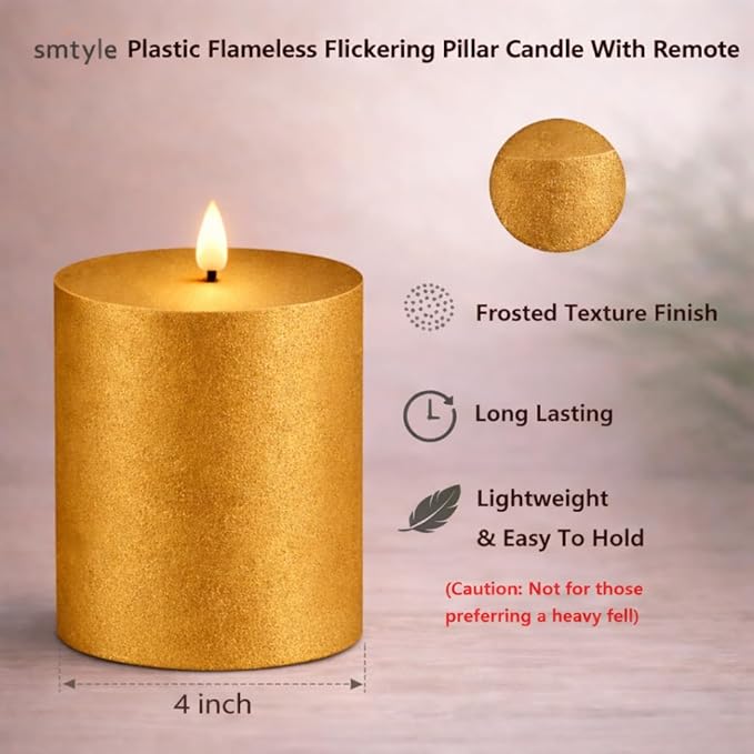Smtye 4x4 Inch Gold Textured Flameless LED Candles Set of 2, Plastic Sand Finish Battery Operated Flickering Pillar Candles with Timer, Realistic Warm Glow for Home, Weddings, and Holiday Decor