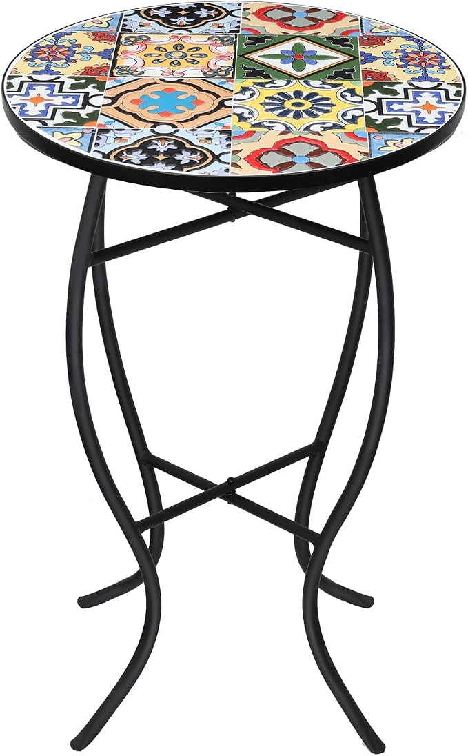 VCUTEKA Mosaic Outdoor Side Table - Small Patio Table Coffee Outside Accent Tables Round End Plant Tables for Bistro Balcony Porch Outdoor Benches 14'' Muti Yellow