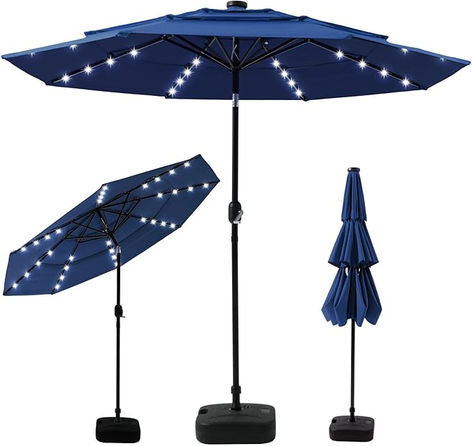 COSIEST 9FT 3 Tiers LED Patio Umbrella, Outdoor Umbrella with Solar LED Lights, Market Patio Table Umbrellas with 8 Sturdy Ribs, Pool Umbrella for Garden, Pool, Backyard, Navy Blue