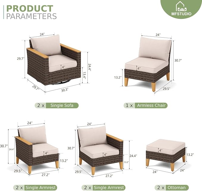 MFSTUDIO 9 Piece Wicker Patio Furniture Sets, 2 x Swivel Chair, 2 x Ottoman, Loveseat Sofa, 3-Seat Sofa, All-Weather Outdoor PE Rattan Patio Conversation Set for Garden, Backyard(Beige Cushions)