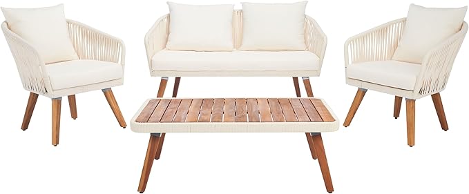 SAFAVIEH Outdoor Collection Ransin Beige/Beige/Natural Solid Wood 4-Piece Conversation Patio Set