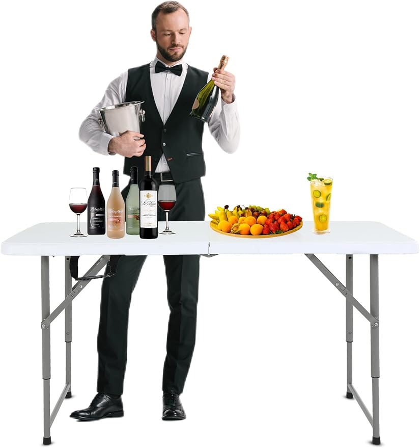 4Ft Folding Tables Portable Plastic Table Adjustable Height 4 Foot Foldable Table Fold Up Lightweight, Folding Camping Table for Indoor/Outdoor Picnic Camping