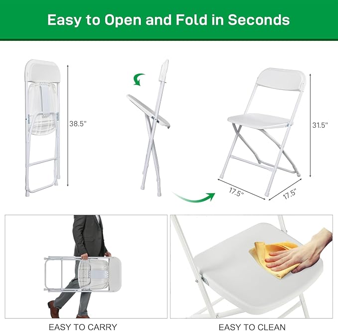 6 FT Folding Table Set with 6 White Plastic Folding Chairs, Heavy Duty Fold-in-Half Utility Table Sets for Picnic, Event, Training, Outdoor Activities, at Home and Commercial Use
