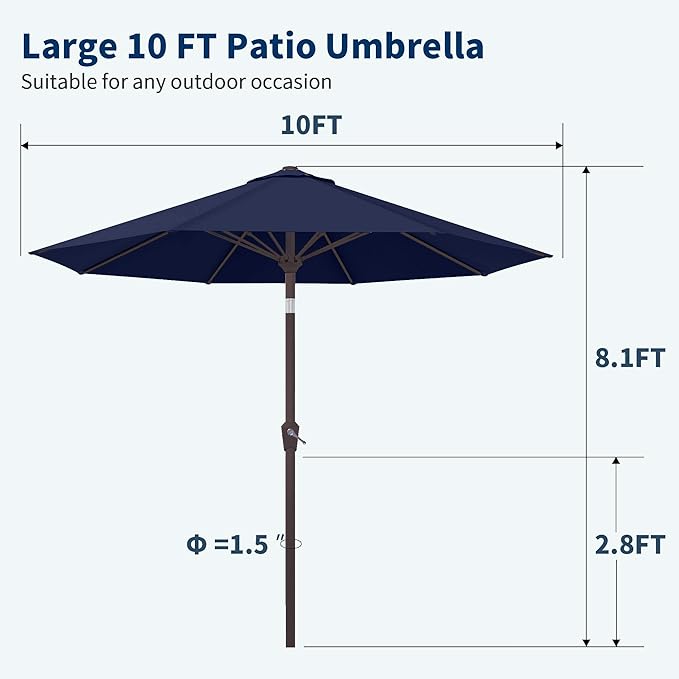 PatioKingdom Patio Umbrella with Push Button Tilt and Crank, Outdoor Market Umbrella with 8 Fiberglass Ribs, UV Protection Table Umbrella for Pool,Backyard,Garden,Deck (Navy, 10FT)