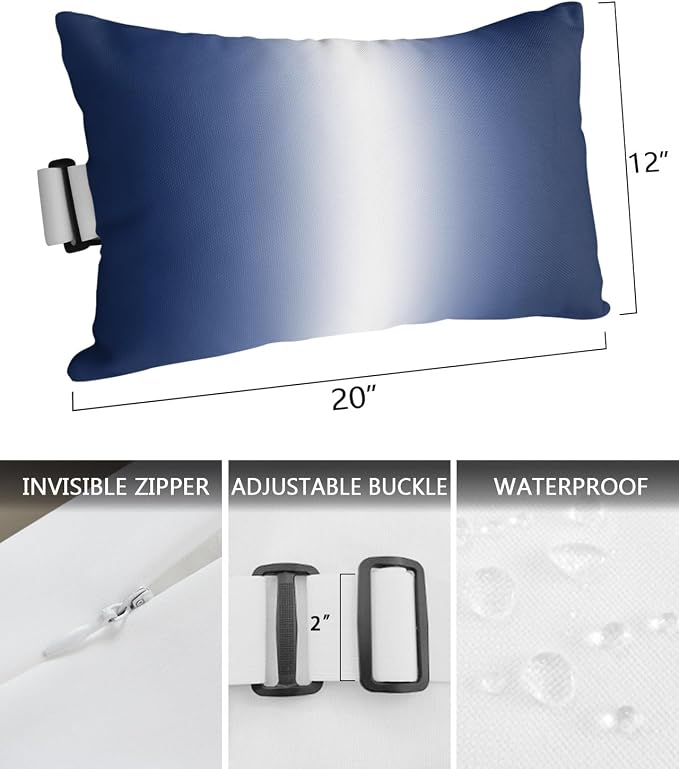 Pack of 2 Outdoor Lumbar Pillow Covers 12x20 Inch, Navy Blue Ombre Waterproof Throw Pillow Covers Set, Aesthetics Modern Abstract Art Gradient Decorative Cushion Cases for Patio Porch Car