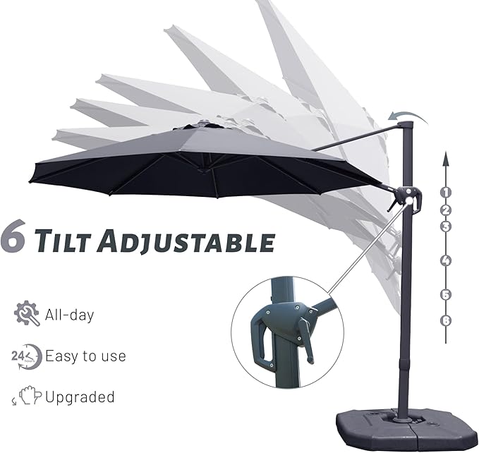 Domi 10FT Cantilever Patio Umbrella, Aluminum Windproof Outdoor Umbrella with 360°Rotation, Round Offset Sun Shade Umbrella for Outside Deck Backyard Garden Pool, Grey