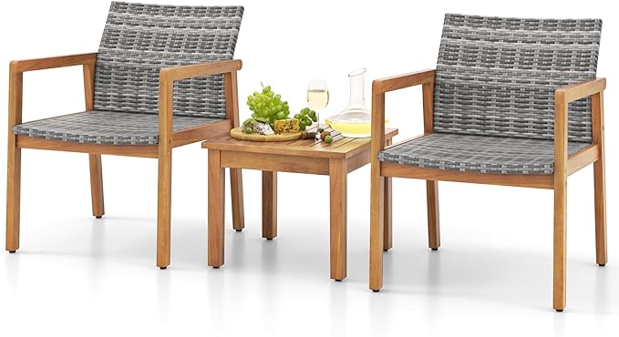 Tangkula 3 Pieces Outdoor Furniture Set, Acacia Wood Frame Sofa Set w/Rattan Seat & Back, Patio Conversation Set w/Coffee Table for Balcony, Poolside, Backyard (Mix Gray)