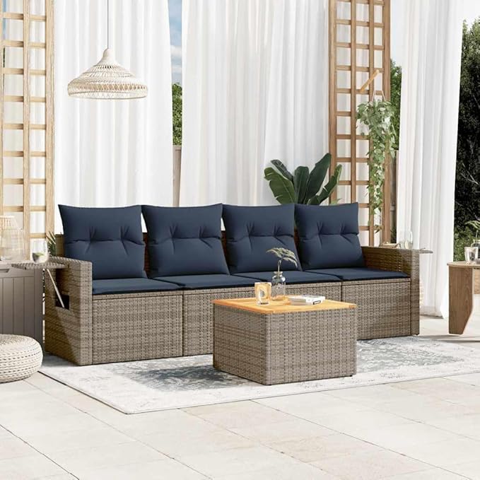 vidaXL Patio Sofa Set with Cushions 5 Piece, Outdoor Conversation Set, Sectional Sofa for Balcony Garden, Patio Furniture, Gray Poly Rattan