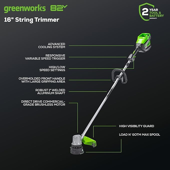 Greenworks 82V Bundle - 16" Brushless Cordless String Trimmer + (2) 2.5Ah Batteries and Dual Port Charger (Bonus Battery)