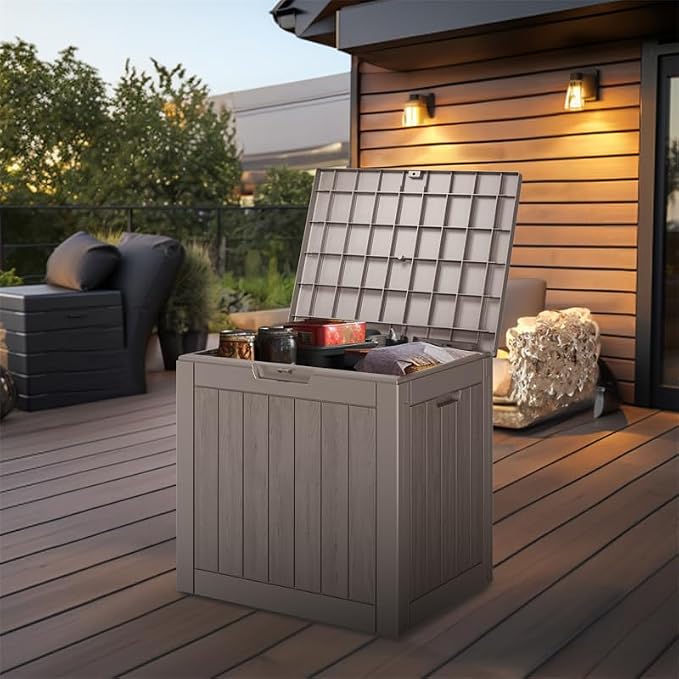 ROJIK Outdoor Storage Housing Deck Box-Waterproof Patio Furniture,Garden Tools,Cushions,Pool Accessories Storage Waterproof Resin Box with Capacity (31 Gal & Grey)