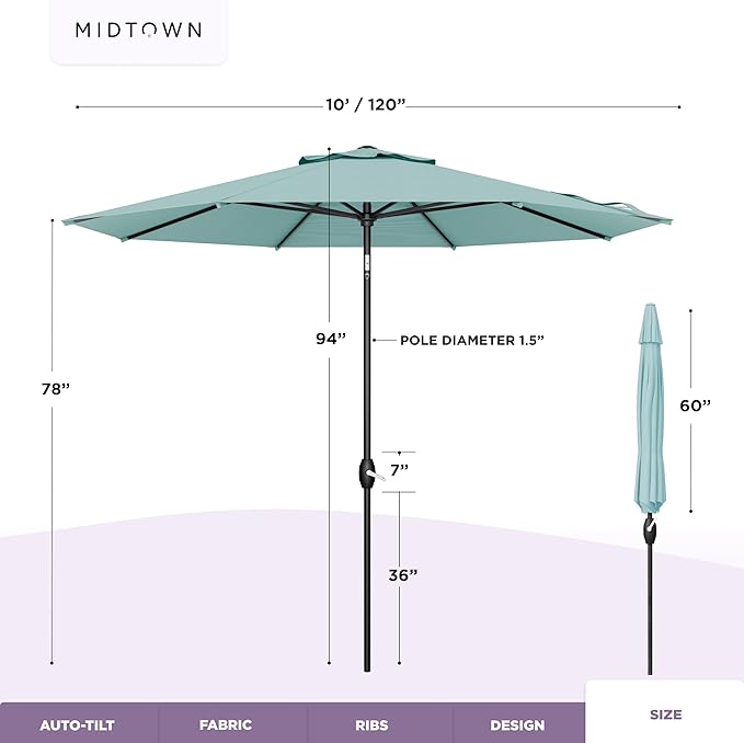 Midtown Umbrellas – The Swilt 8 Ft Patio Umbrellas with 360° Swivel & Tilt Mechanism, 8 Fiberglass Ribs & Terylast Polyester Fabric for Backyard, Deck, Pool & Cafes - Seawater Canopy, Black Pole
