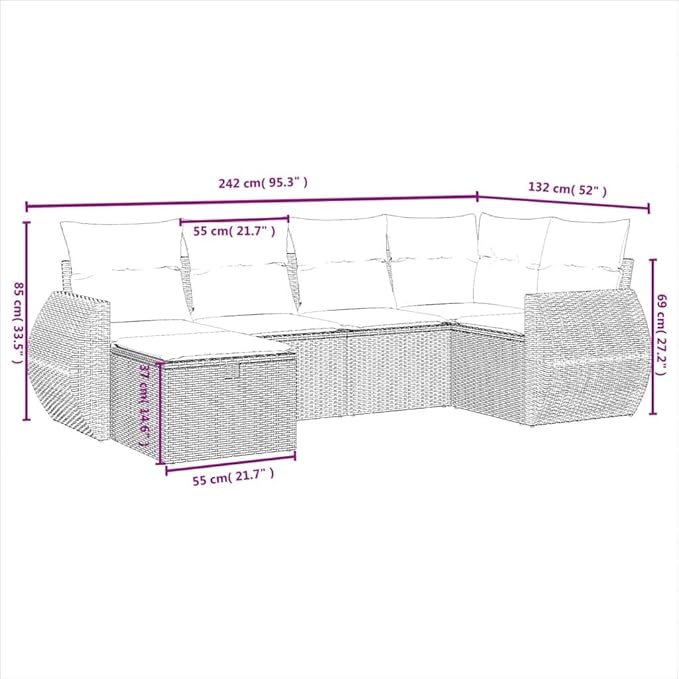 vidaXL Patio Sofa Set with Cushions 6 Piece, Outdoor Conversation Set, Sectional Sofa for Balcony Garden, Modern Style, Black Poly Rattan