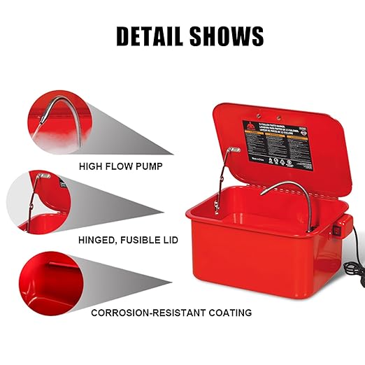 Jack Boss 3.5 Gallon Capacity Portable Steel Cabinet Parts Washer with 110V Electric Pump for Wheel Bearings, Gears, and carburetors, Red