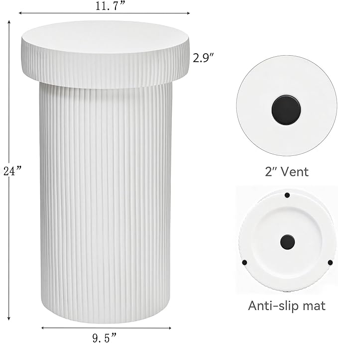 24" Pedestal Side Table, 3-in-1 Durable Lightweight Round Coffee Table, Decorative Patio Accent End Table Fluted Garden Stool Art Decor for Poolside, Balcony, Living Room, White