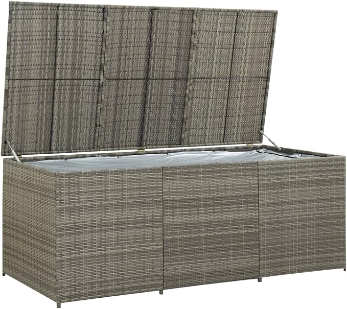 Poly Rattan Patio Storage Box 70.9"x35.4"x27.6" Gray Weatherproof Outdoor Deck Box with PE Liner, Gas Lift Lid and Elevated Feet for Poolside Garden Furniture Cushion Storage