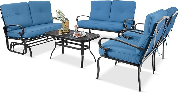 5 Pcs (6 Seats) Metal Outdoor Patio Furniture Conversation Sets, Glider, Loveseat and Coffee Table, 2 Lounge Chairs with Cushions (Peacock Blue)